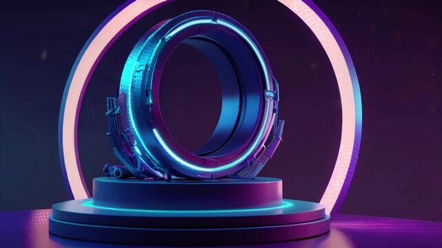 A circular portal surrounded by detailed machinery emits an ethereal blue glow, suggesting advanced technology or interdimensional travel. The concentric metallic rings enhance its precision.