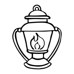 Camping lantern hand drawn in doodle style. Lighting while hiking. Gas, kerosene lamp. Vector line art illustration.
