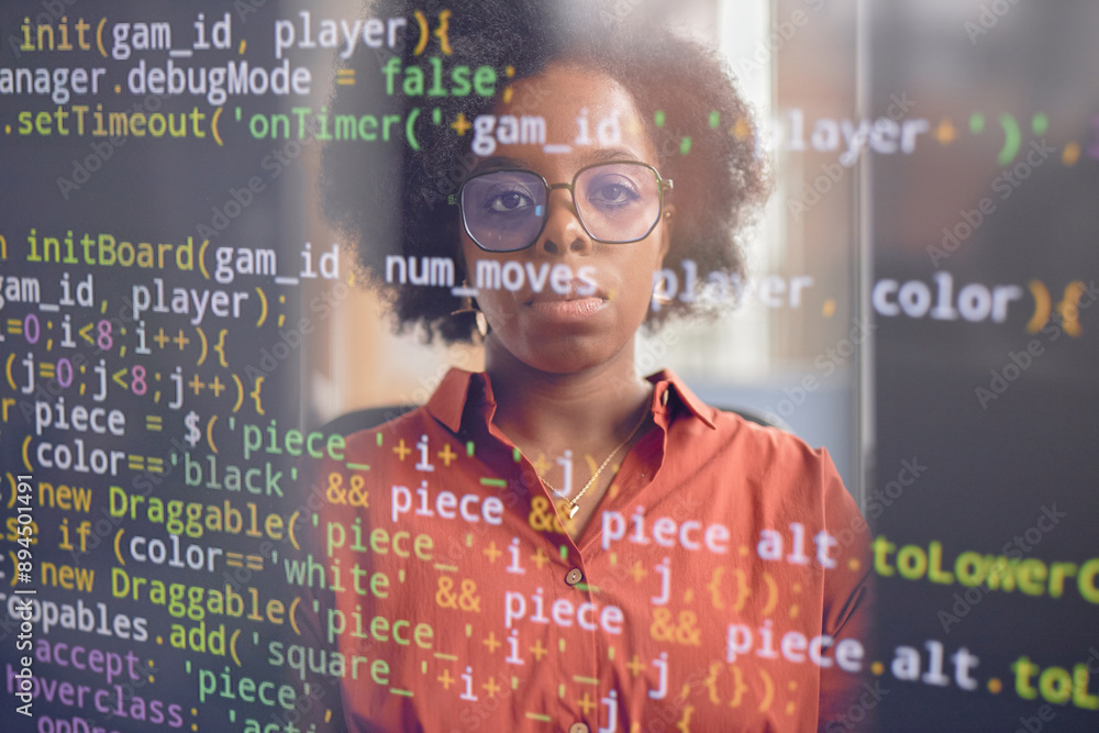 Poster creative shot of serious female software developer of black ethnicity reflecting in computer screen 