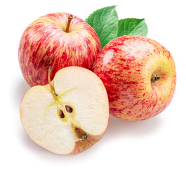 Ripe honeycrisp apples and apple slice isolated on white background.