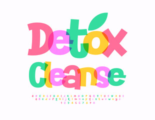 Vector healthy emblem Detox Cleanse. Playful Brigh Font. Funny Colorful Alphabet Letters and Numbers set.	