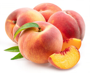 Ripe peaches with leaf and peach slices isolated on white background.