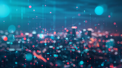 Smart city and digital transformation concept. Features a cityscape integrated with telecommunication and communication networks, showcasing big data connectivity and technological advancements. 