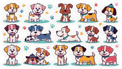Vibrant, playful doodle set of cartoon dog or puppy characters in various fun poses, each with its own unique personality, on a crisp, clean white background, generative ai 
