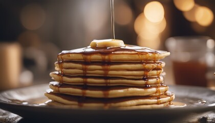 A stack of pancakes with butter and syrup on them