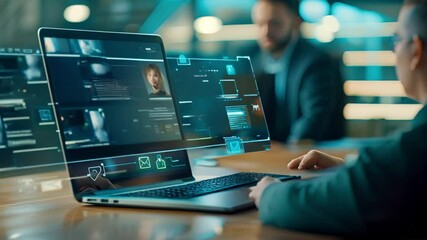 Businessman looking at multiple personal profiles. Modern technology online hiring process