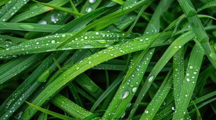 Close-up of spring grass with water droplets, leaf background with summer rain