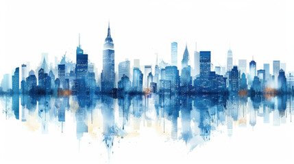 Obraz premium Blue watercolor cityscape with skyline reflection on a white background, featuring tall buildings and skyscrapers in abstract style.