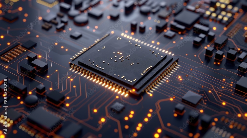 Poster closeup of a microchip on a circuit board