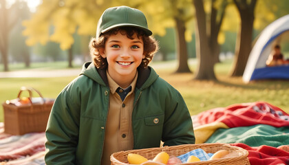 A Portrait of a Smiling Boy with Brown Curls