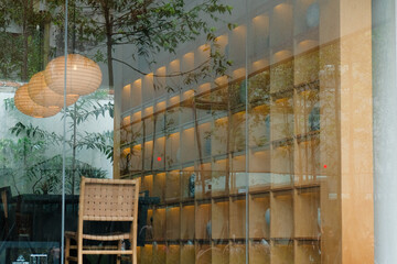 Outside looking in cafe shop interior bar counter corner