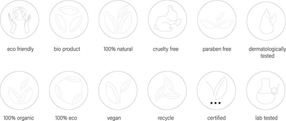 Vector set of logo design, icons and badges for natural and organic cosmetics; cruelty free, organic, natural , eco, vegan, recycle, bio product, lab tested, certified, paraben free and eco friendly.