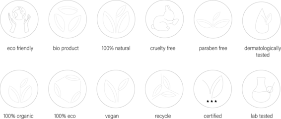 Vector set of logo design, icons and badges for natural and organic cosmetics; cruelty free, organic, natural , eco, vegan, recycle, bio product, lab tested, certified, paraben free and eco friendly.