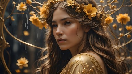 portrait of a woman with golden makeup,queen, advertising, artist, brilliance, dust, expensive, glamorous, glamour, glowing, gold