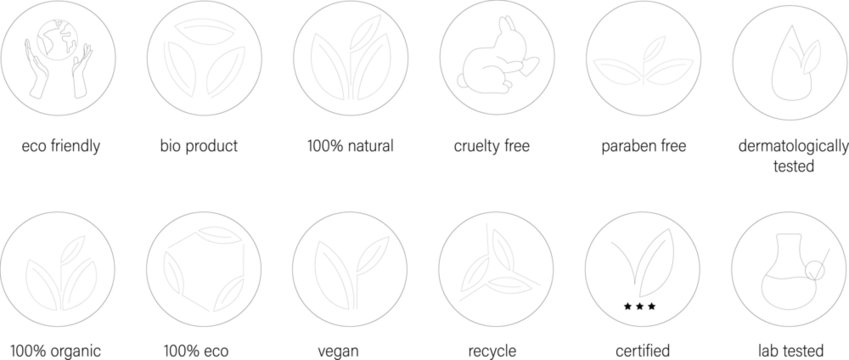 Vector set of logo design, icons and badges for natural and organic cosmetics; cruelty free, organic, natural , eco, vegan, recycle, bio product, lab tested, certified, paraben free and eco friendly.