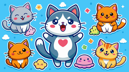Fototapeta premium Funny and Cute Cat Stickers Vector Illustration