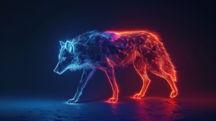 Fototapeta premium A glowing wolf stands in a dark environment its body comprised of bright blue and orange lines that connect to form a detailed outline