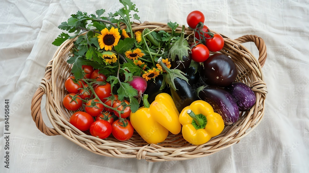 Wall mural A wicker basket filled with fresh produce, including tomatoes, bell peppers, eggplant, and sunflowers.