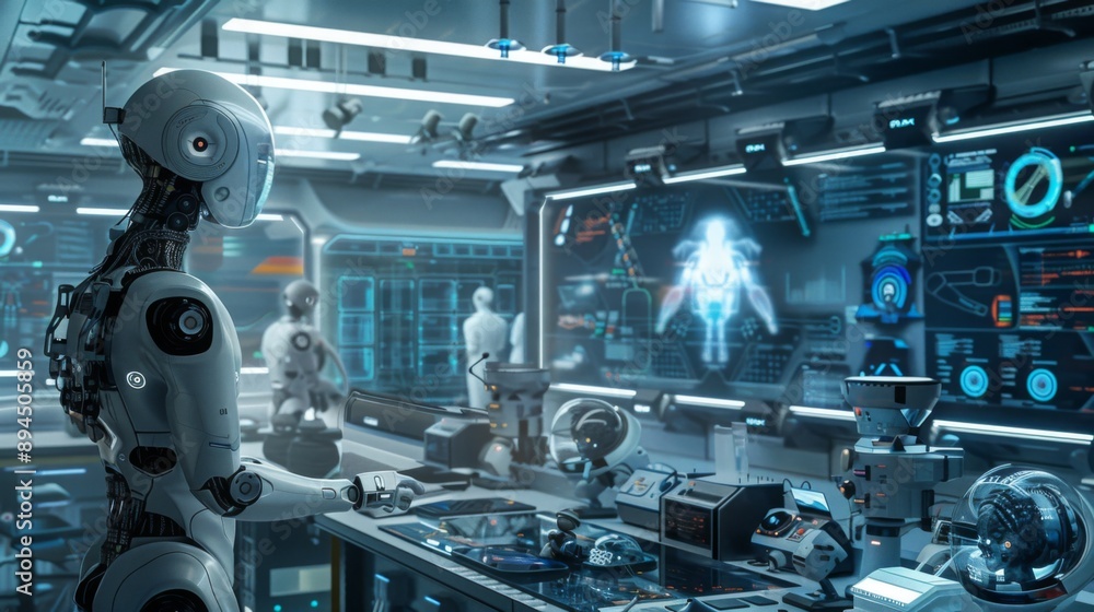 Poster A white humanoid robot stands at a desk in a futuristic lab, surrounded by other robots and advanced technology. Large screens display digital information and schematics.