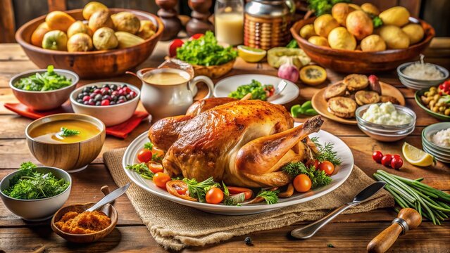 Warm and inviting family-style dining table setting featuring a succulent roasted chicken, steaming vegetables, and array of savory sides for a classic Sunday supper. - Powered by Adobe