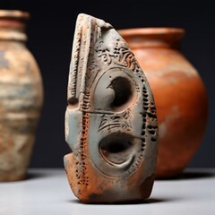  a ceramic sculpture inspired by ancient artifacts with weathere