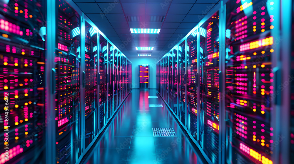 Poster abstract data center background, database in terminal storage, hardware server room, cloud computing