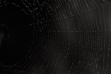 Close-up of a web on a black background with drops of dew or rain on it. Macro photo