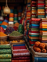 Vibrant Marketplace Featuring an Assortment of Colorful Fabrics and Spice Baskets, Showcasing the Rich Cultural Heritage of a Distant Land