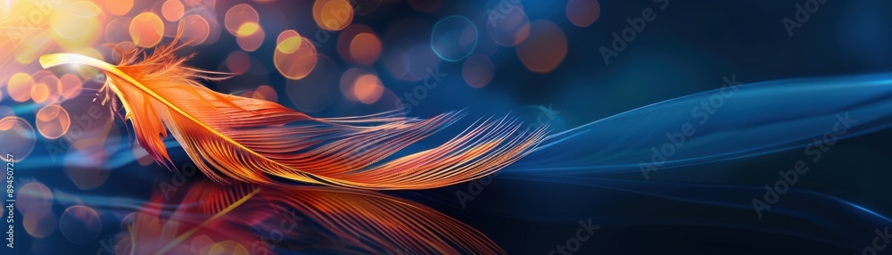 Poster abstract digital artwork featuring vibrant orange and blue swirls with glowing bokeh lights, creatin