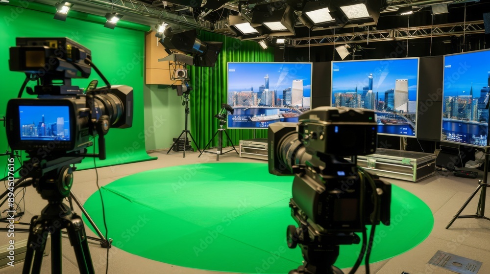 Aufkleber Two professional cameras are positioned in a green screen studio with a circular green screen on the floor. Three large screens display a cityscape. Lighting equipment is visible in the background.