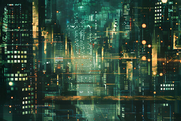 Abstract digital illustration of a futuristic cityscape.


