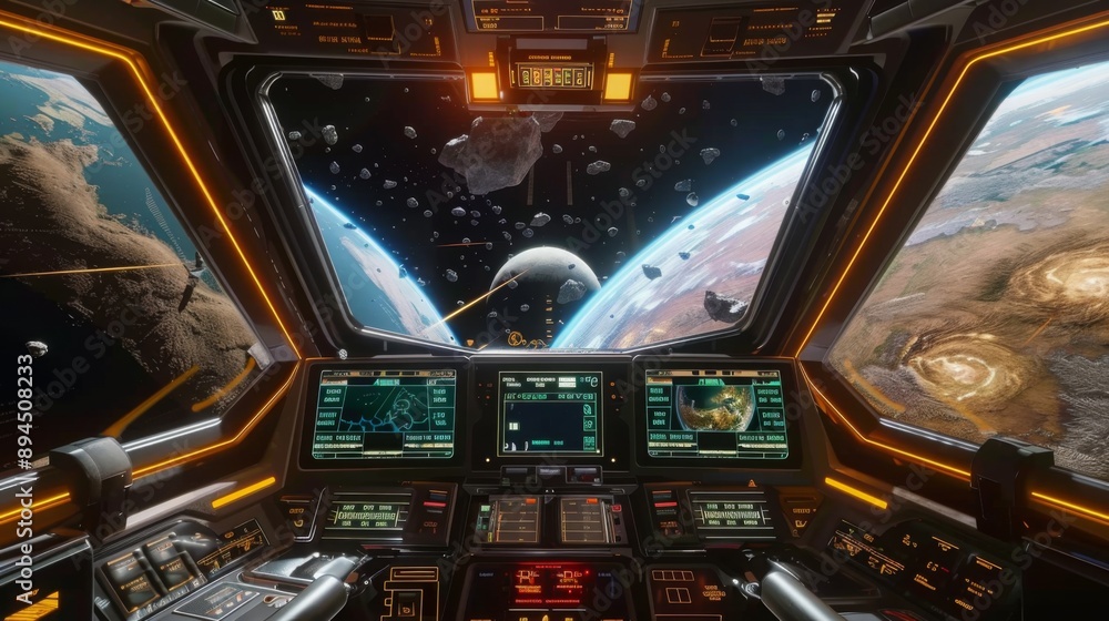 Poster the view from a spaceship cockpit shows an asteroid field with two planets in the distance.