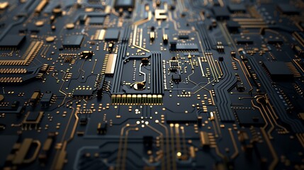 Abstract Close-Up of a Black and Gold Circuit Board.