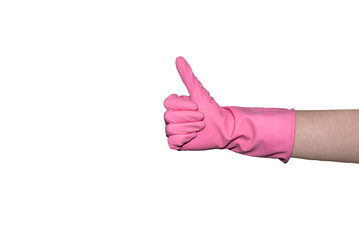 Main avec un gant de nettoyage, gant de nettoyage rose, main qui fait un pouce en l'air, gant de protection