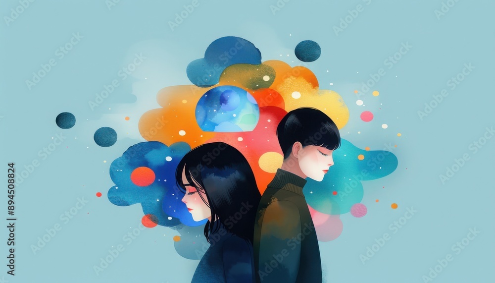 Wall mural A creative illustration of two individuals with colorful abstract thoughts, representing emotions and introspection.