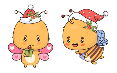 Naklejka premium Cute Christmas butterfly and bee in Santa hat with gift. Isolated funny Festive cartoon insect kawaii character. Vector illustration. Kids collection