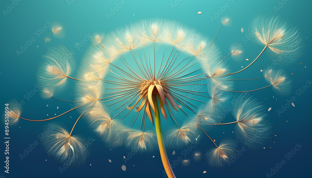 Wall mural firefly whimsical dandelion flower logo with floating seeds on isolate color background