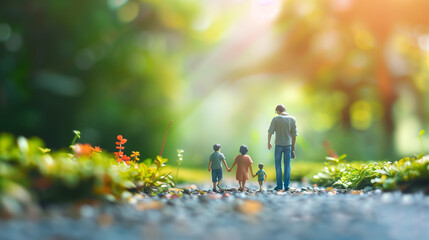 Obraz premium Miniature figures family walking together on the road with warm lighting, Concept of a comfort zone for kids, nurturing and safe environment.