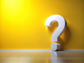 White 3D question mark on a bright yellow background, volumetric sign with wall and floor reflections, providing ample copyspace for creative textual overlays.
