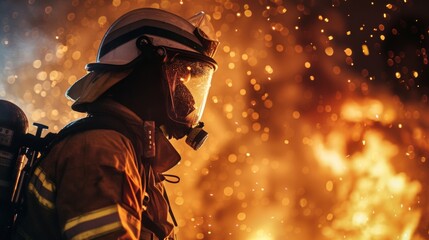 Feuerwehrmann im Einsatz bei einem großem Feuer. Flammen im Hintergrund setzen einen Feuerwehreinsatz in Szene. 