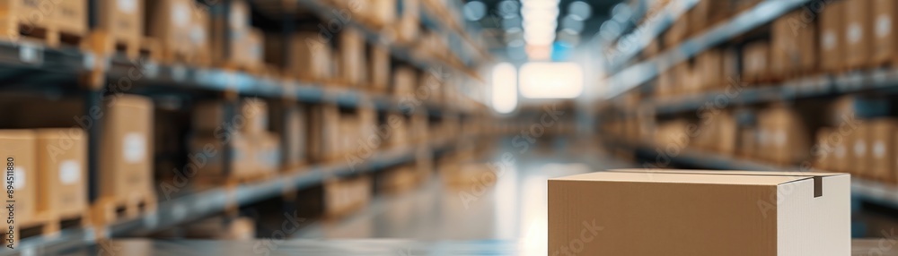 Poster a cardboard box on a shelf in a large warehouse with rows of stacked boxes and bright overhead light