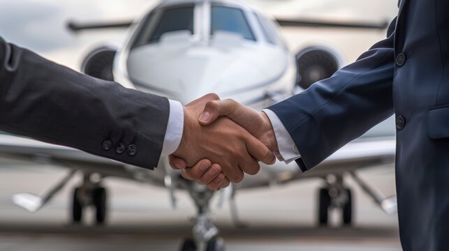 Abschluss eines wichtigen Gesch&auml;ftsdeals vor dem Privatjet: Zwei elegante Gesch&auml;ftsleute besiegeln ihre Kooperation mit einem symbolischen Handschlag.