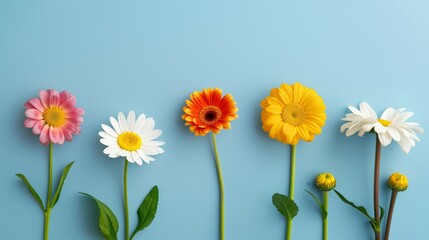 Obraz premium A row of flowers with different colors and sizes, including pink, white, and yellow. The flowers are arranged in a line, with some overlapping each other. Scene is cheerful and vibrant