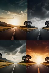 Captivating Collage of an Empty Road Through Various Times of the Day, Depicting Changing Skies, Landscapes, and Moods