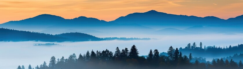 A stunning panoramic view of misty mountains at sunrise with layers of forest and fog, creating a tranquil and serene natural landscape.