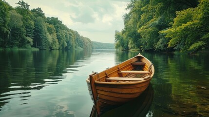 Obraz premium Ruderboot auf einem ruhigen See. Romantischer Moment mit Platz für Text.