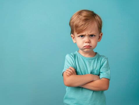 Trotziges Kleinkind mit verschr&auml;nkten Armen &ndash; Unmissverst&auml;ndliche Laune im blauen Setting