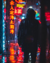 Credit card fraud, hacker with stolen cards, dark alley, ominous mood, raining night, neon lights reflecting on wet pavement, masked figure, sense of danger, high contrast lighting