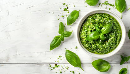 Pesto in bowl on white wooden table