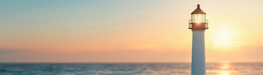 Fototapeta premium Beautiful lighthouse standing tall by the ocean during a serene sunset. The sky is a blend of warm hues reflecting on the calm sea.